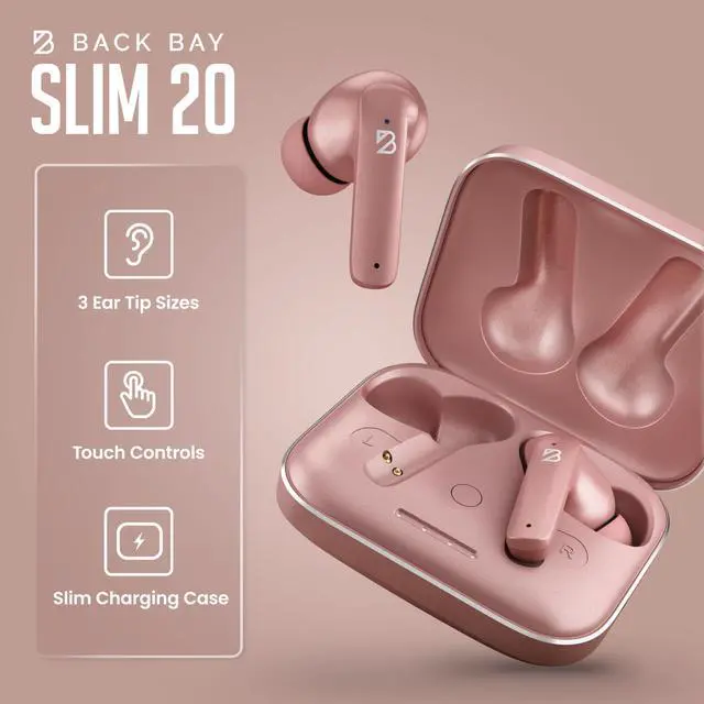 Alt view image 3 of 5 - Back Bay Audio Slim 20 - Wireless Bluetooth Earbuds with Charging Case, Touch Controls, 1-Year Warranty (Rosey)
