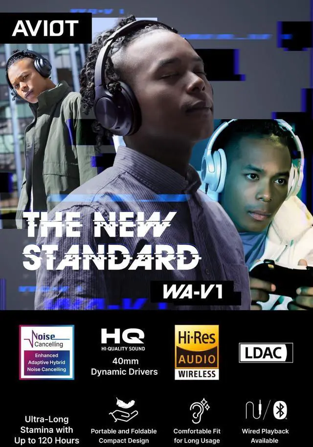 Alt view image 2 of 5 - AVIOT WA-V1 High-Resolution Wireless Headphones with Adaptive Hybrid Noise Cancelling | Up to 120 Hours Playback | Superior Sound Quality and Comfort | Foldable Design (Black)