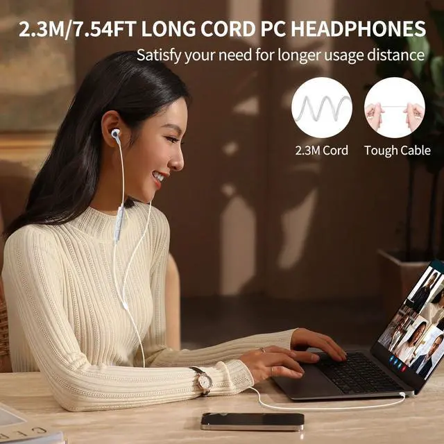 Alt view image 5 of 5 - ASKUBSKU USB Headphones with Microphone for PC 7.5 Ft Cable, USB A Headset for Computer, Wired USBA Earbuds with Mute Stereo Noise Canceling Call Cord Earphones for Laptop, White