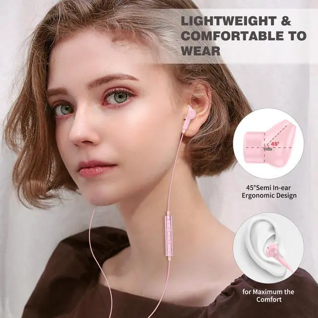 Alt view image 3 of 5 - Wired Headphones for Samsung, Wired Earphones with Mic HiFi Stereo Volume Control Magnetic Wired Earbud for iPhone, Pink