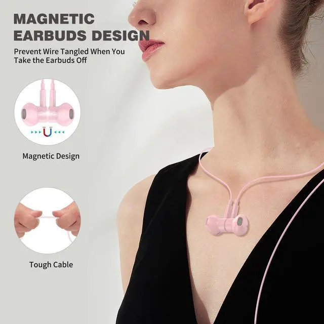 Alt view image 5 of 5 - Wired Headphones for Samsung, Wired Earphones with Mic HiFi Stereo Volume Control Magnetic Wired Earbud for iPhone, Pink