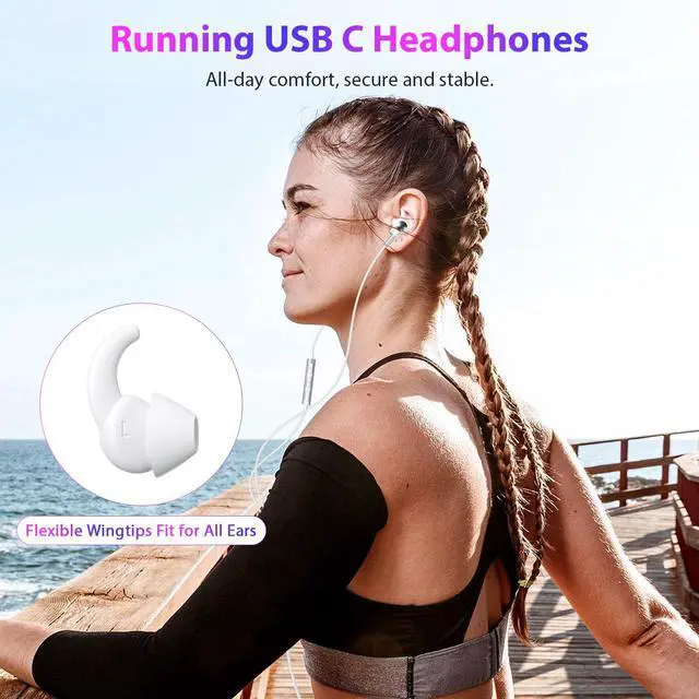 Alt view image 2 of 5 - APETOO Wired Ear Buds Sports USB-C Headphones with Anti Fall/Hurt Wingtips, Hands-Free Call, Pure Stereo & Deep Bass, Sweatproof & Comfortable in-Ear Headset for iPhone 16/Small Ear/Running/Women/Kid