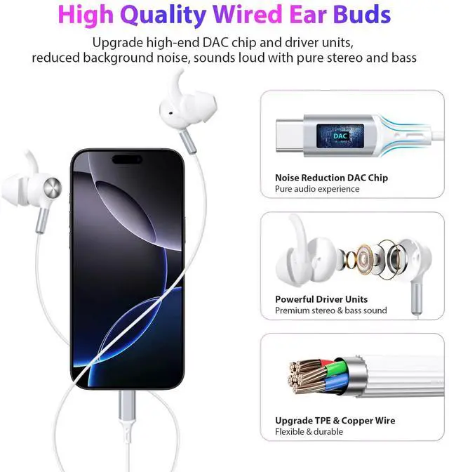 Alt view image 4 of 5 - APETOO Wired Ear Buds Sports USB-C Headphones with Anti Fall/Hurt Wingtips, Hands-Free Call, Pure Stereo & Deep Bass, Sweatproof & Comfortable in-Ear Headset for iPhone 16/Small Ear/Running/Women/Kid