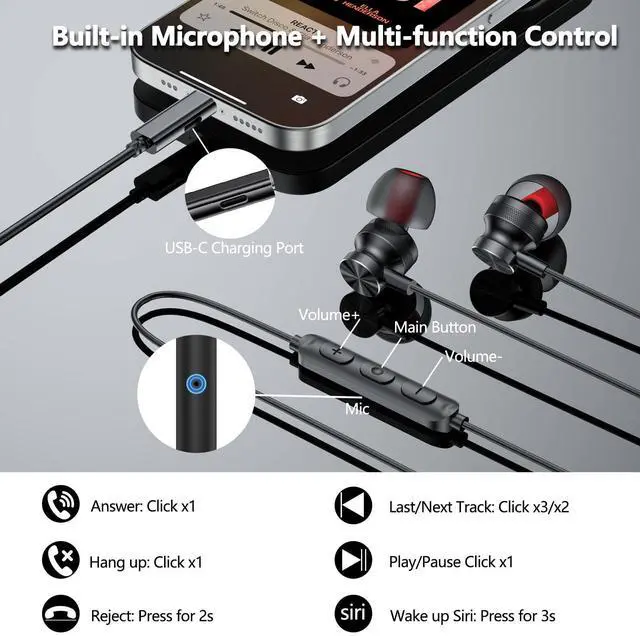 Alt view image 5 of 5 - 2-Pack USB C Headphones for iPhone 15 15 Plus Pro Max Samsung S24 S23 S22 S21 Pixel 8 7 6 OnePlus 10 Pro