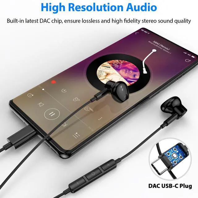 Alt view image 2 of 5 - Headphones for Galaxy S25 Ultra/iPhone 16 Pro Type C Earphones with Microphone Volume Control - HiFi Stereo Plug-in Wired Ear Buds with Wing Covers for iPad, Samsung S24/S23/S22/S21/S20 Ultra