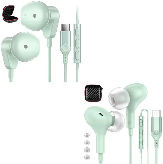 Main image of 2-Pack USB C Headphones Green for iPhone 15/15 Plus/ 15 Pro/ 15 Pro Max, Samsung Galaxy S24 S23 S22 S21 S20 A53 Flip Fold