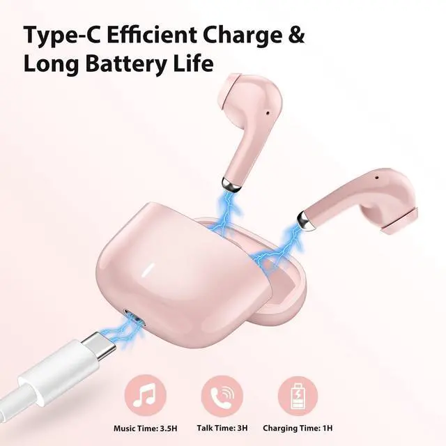Alt view image 3 of 5 - Wireless Earbuds for iPhone 16 15 Pro 14 Plus 13 XR iPad 10th Bluetooth 5.3 Headphones for Samsung Note 20 Ultra S21 S25 S24 S23 S22 HiFi Stereo Sound Earphones with Mic Noise Cancelling Headset Pink