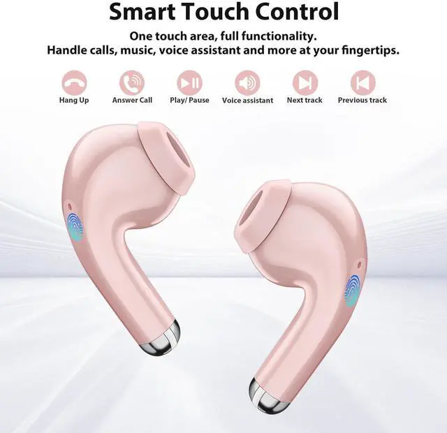 Alt view image 4 of 5 - Wireless Earbuds for iPhone 16 15 Pro 14 Plus 13 XR iPad 10th Bluetooth 5.3 Headphones for Samsung Note 20 Ultra S21 S25 S24 S23 S22 HiFi Stereo Sound Earphones with Mic Noise Cancelling Headset Pink