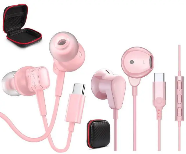 Main image of 2 Pack USB C Headphone, Trendy Pink Small In-Ear Earbuds for Women & Girls, With Replaceable Soft Eartips & Portable Carrying Case, HIFI Stereo Wired Earphones with Mic, Universal Compatibility