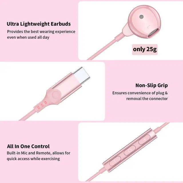 Alt view image 4 of 5 - 2 Pack USB C Headphone, Trendy Pink Small In-Ear Earbuds for Women & Girls, With Replaceable Soft Eartips & Portable Carrying Case, HIFI Stereo Wired Earphones with Mic, Universal Compatibility