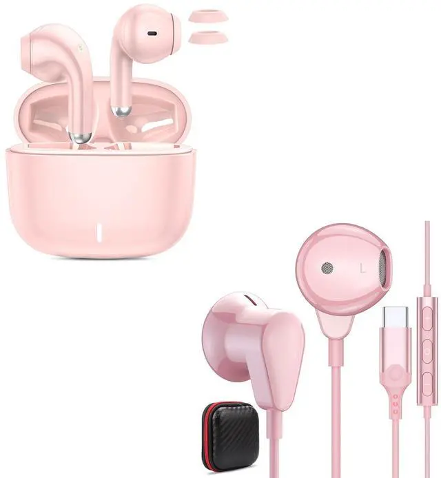 Main image of ACAGET Wired Type C Headphones and Ture Wireless Earbuds for iPhone Samsung Google iPads, Noise Cancelling, Bluetooth V5.3, Confortable Fit, Pink Earphones for Girl Women