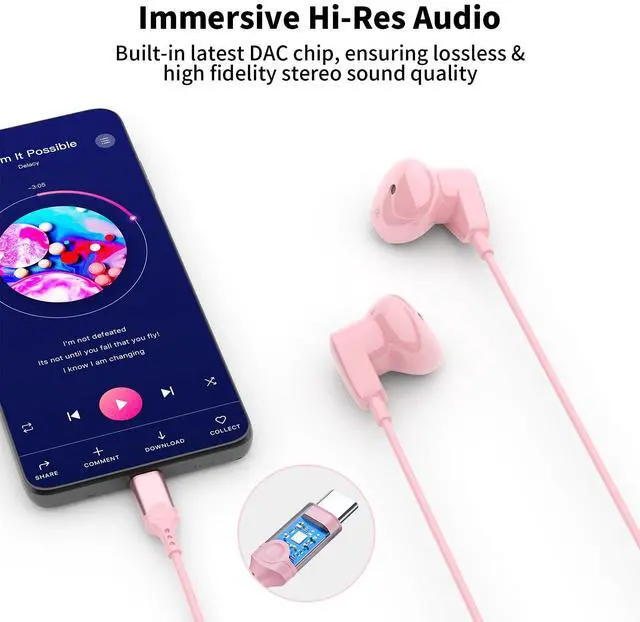 Alt view image 5 of 5 - ACAGET Wired Type C Headphones and Ture Wireless Earbuds for iPhone Samsung Google iPads, Noise Cancelling, Bluetooth V5.3, Confortable Fit, Pink Earphones for Girl Women