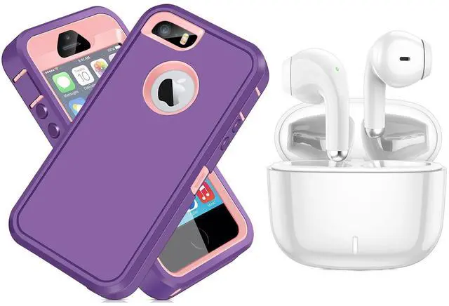 Main image of Bluetooth 5.3 Wireless Earbuds & Dual-Layer Shockproof Case for iPhone 5/5s/SE (2016), True Wireless Headphones for Android/iSO & Heavy Duty Rguuged Protective Phone Case for iPhone 5/5s, Purple Pink