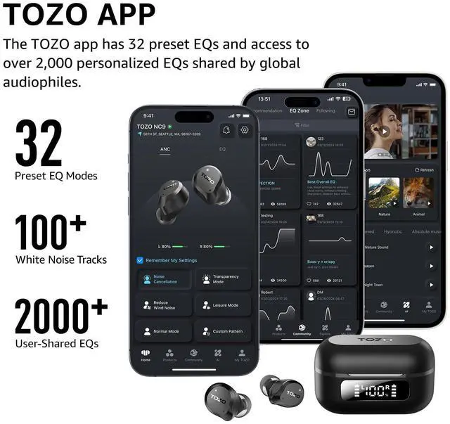 Alt view image 4 of 5 - TOZO Hybrid Active Noise Cancelling Wireless Earbuds, USB-C to USB-A Charging Cable HT2 T6 T10 A1 T12 A3 A2 OpenEgo OpenBuds NC2 NC7 NC9 Earbuds
