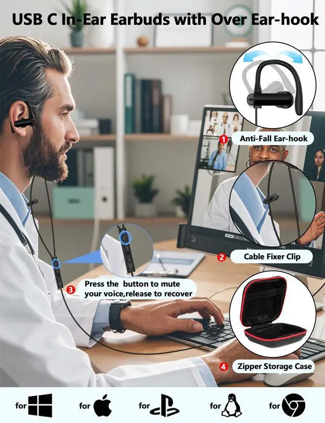 Alt view image 5 of 5 - TOPAUX Wired Earbuds USB C Headphone USB Headphone Over-Ear Hook 2.5M 8.2FT Computer Headset Mute Mic USB A Earphone in-Ear Noise Cancel Wired Earbuds for MacBook for Chromebook Notebook for Teams