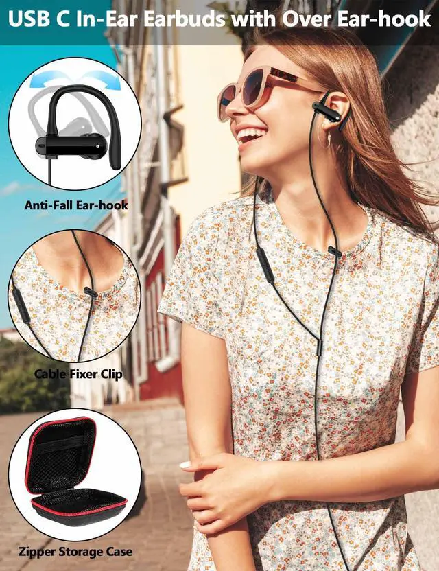 Alt view image 4 of 5 - USB C Headphone Over-Ear Hook Wired Earbuds, USB C Headphone Magnetic Ergonomic in-Ear Wired Earbuds for iPhone 16 Pro Max 15 Plus for iPad School Kid Adult Laptop Noise Canceling Headset with Mic