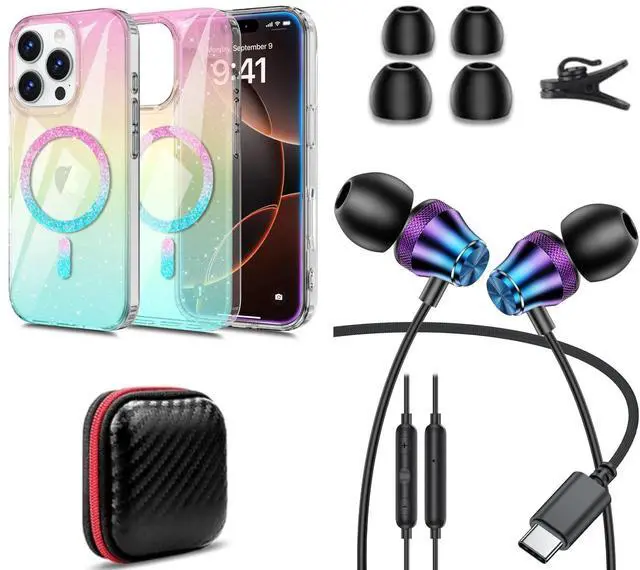 Main image of TOPAUX for iPhone 16 Pro Glitter Case + USB C Headphone for iPhone 16 Pro Max 15 Plus for iPad Mini Laptop School Kid in-Ear Noise Canceling Android Wired Earbuds for Samsung S24 S23 A16 Google Pixel