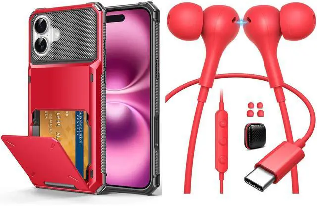 Main image of TOPAUX USB C Headphone Magnetic Ergonomic in-Ear Wired Earbuds, for iPhone 16 Pro Max Case Wallet 5 Credit Card Holder for iPhone 16 Pro Max Back Pocket Slot Flip Cover Dual Layer TPU Bumper