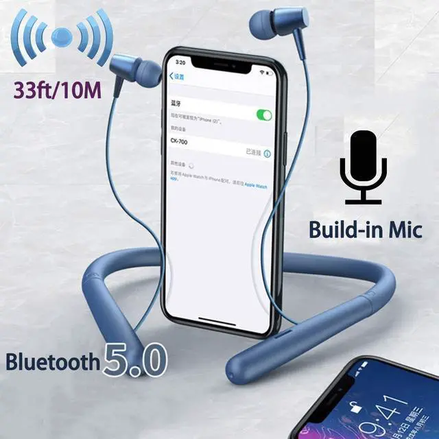Alt view image 5 of 5 - Bluetooth Headphones Wireless Neckband Bluetooth 5.0 Headset with 20 H Playtime, 10 mm Drivers, Magnetic Earbuds, Crystal-Clear Voice and Noise Cancelling Mic, Sweatproof and Lightweight (Blue)