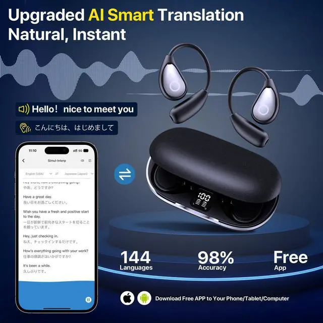 Alt view image 2 of 5 - AI Translation Earbuds Real Time, 144 Language Translator Earbuds OWS 3-in-1 Translation Headphones, Translation Device for Travel Business Learning Compatible with iOS and AndroidBlack&Off-White