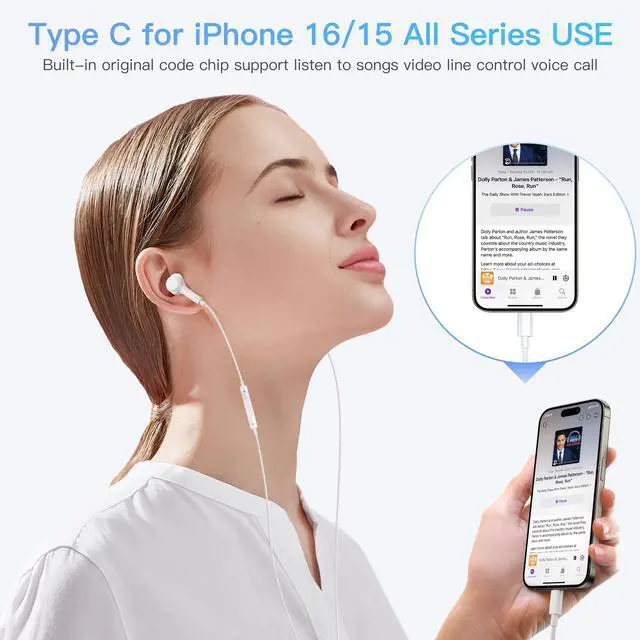 Alt view image 2 of 5 - [2 Packs] USB C Headphones for iPhone 16e, [MFi Certified] USBC Headphones Earbuds Wired with Microphone & Volume Control HiFi Stereo Type C Earphones for iPhone 16 Pro Max/16 Pro/16 Plus/15/iPad