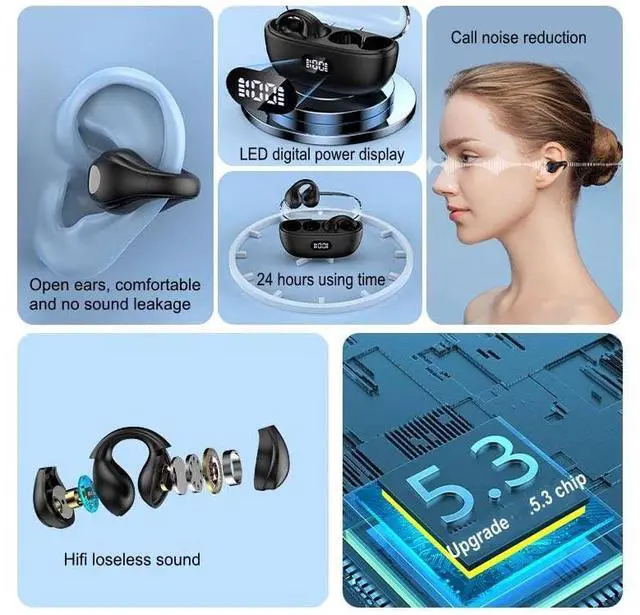 Alt view image 2 of 5 - Wireless Headphones,Bluetooth 5.3 Ear Clip Earphones,36H Playtime Open Ear Clip Headsets with Mic,Mini Wireless Earbuds Bluetooth for Running Sport Gym,USB-C,Compatible with iPhone Android Samsung