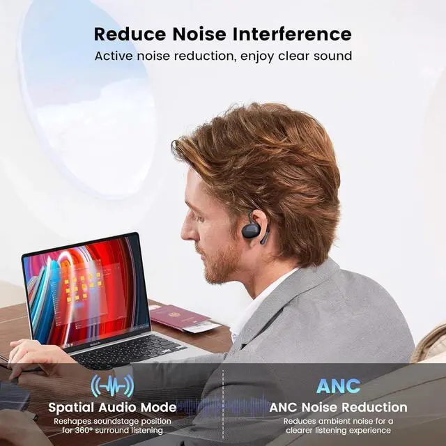 Alt view image 4 of 5 - Wireless Earbuds,Open Ear Headphones,360-Degree Panoramic Sound Headsets,DT4.0 Without Sound Loss,Air Conduction,48H Range,LED Display,IPX7 Waterproof,Wireless Earphones for Meeting,Driving,Traveling