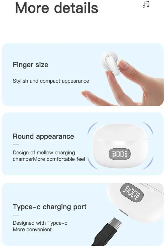 Alt view image 5 of 5 - YHRY Wireless Bluetooth 5.3 Earphones Noise Reduction in Ear Stereo Effect Sports Earphones LED Display Long Range Suitable for iOS/Android Phones, Lightweight and Portable Mini Earphones (White)