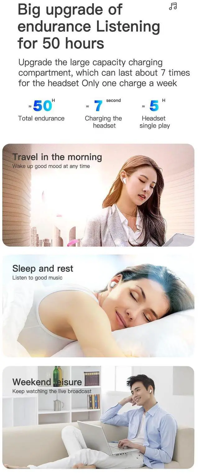 Alt view image 4 of 5 - YHRY Wireless Bluetooth 5.3 Earphones Noise Reduction in Ear Stereo Effect Sports Earphones LED Display Long Range Suitable for iOS/Android Phones, Lightweight and Portable Mini Earphones (White)