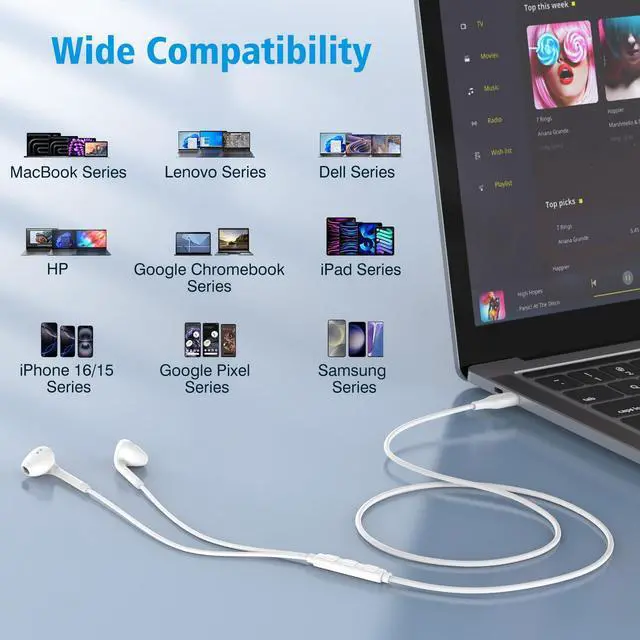 Alt view image 4 of 5 - Vkozlm 3 Pack USB C Headphones Wired, White