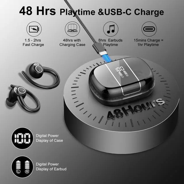 Alt view image 4 of 5 - Wireless Earbuds Bluetooth 5.3 Headphones Sports, 48Hrs Playback Over Ear Buds with CVC8.0 Mic, Bass Stereo Bluetooth Earbuds with Earhooks, LED Display, IP7 Waterproof Earphones for Workout/Running
