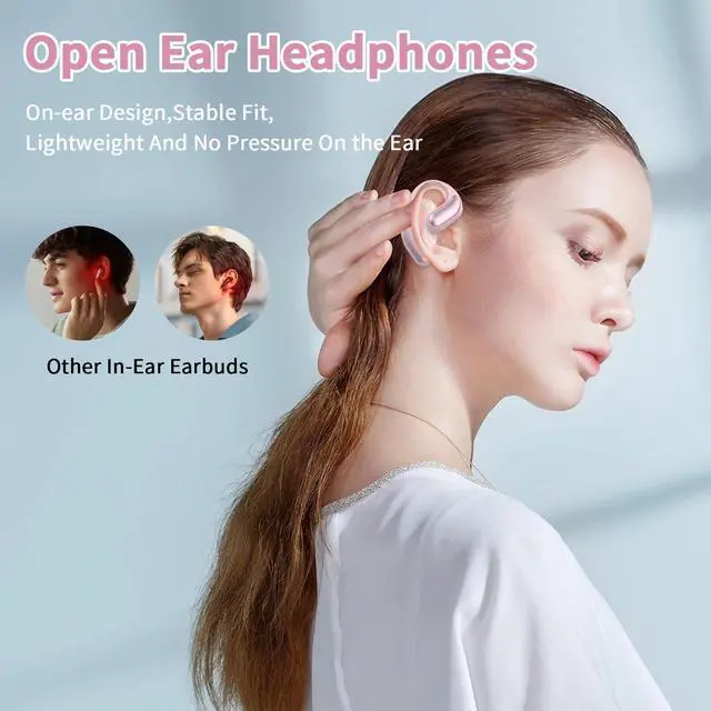 Alt view image 2 of 5 - Tulbeys Open Ear Headphones Bluetooth 5.4, True Wireless Earbuds, Built Mic and ENC Call Noise Reductionfor Clear Calls, Up to 8 Hours Playtime, Sweat Resistant Earphones for Workouts Running-Pink
