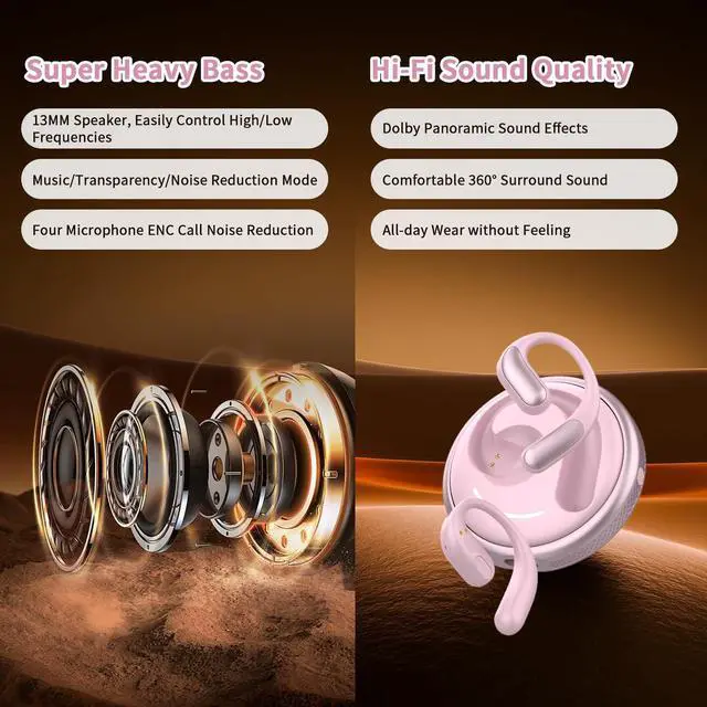 Alt view image 3 of 5 - Tulbeys Open Ear Headphones Bluetooth 5.4, True Wireless Earbuds, Built Mic and ENC Call Noise Reductionfor Clear Calls, Up to 8 Hours Playtime, Sweat Resistant Earphones for Workouts Running-Pink