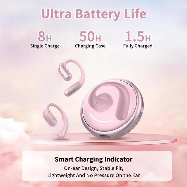 Alt view image 4 of 5 - Tulbeys Open Ear Headphones Bluetooth 5.4, True Wireless Earbuds, Built Mic and ENC Call Noise Reductionfor Clear Calls, Up to 8 Hours Playtime, Sweat Resistant Earphones for Workouts Running-Pink