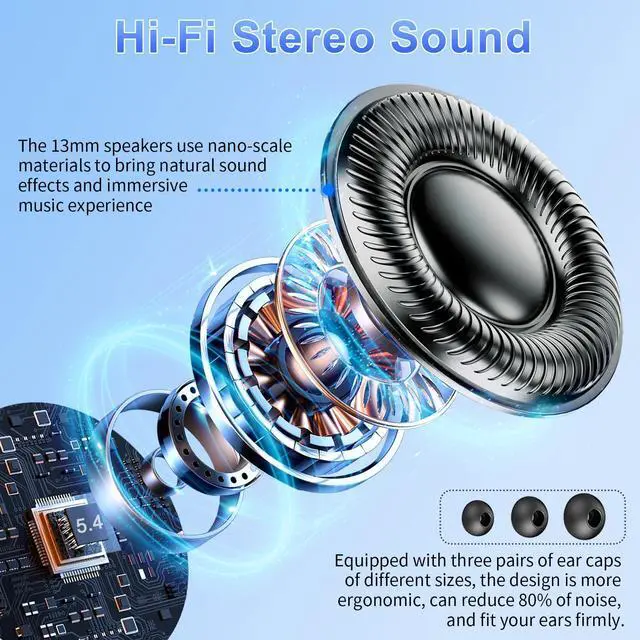 Alt view image 3 of 5 - Wireless Earbuds,2025 Bluetooth 5.3 Headphones In Ear with 4 HD microphone, 56H Playtime, HIFI Stereo In Ear Earphones, IPX7 Waterproof Bluetooth Earbuds, LED Display, USB-C, Sport/Work/Leisure/Black