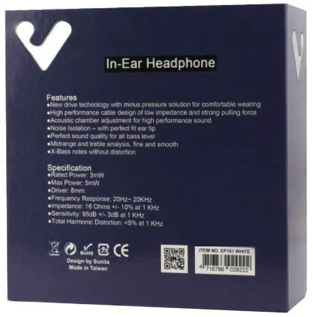 Alt view image 5 of 5 - V-Smart Ergonomic Comfort Fit in-Ear Earphones with Built-in Simple Control Microphone, Warm Bass, Comfortable Lightweight, 3.5mm Connector, EP101 White Purple