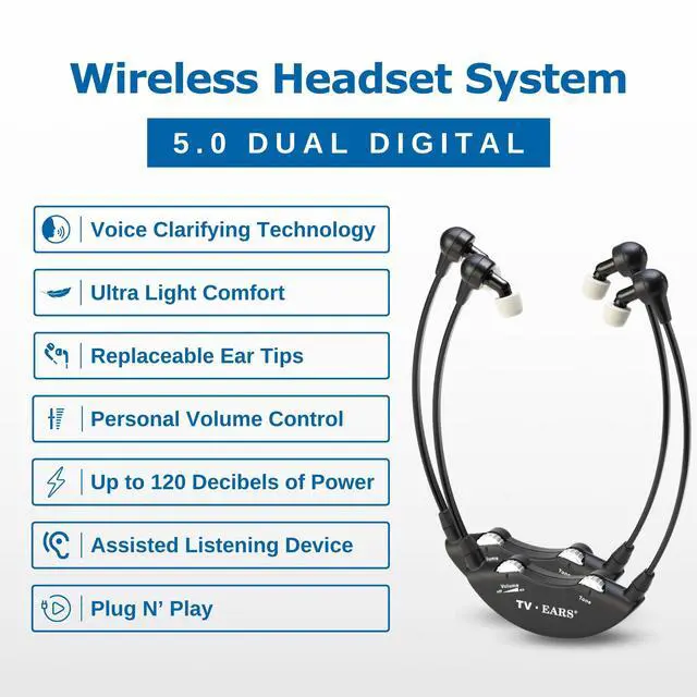 Alt view image 2 of 5 - TV · EARS 5.0 Dual Digital Wireless Headset System for Watching, Includes 2 Headsets & RF Transmitter Compatible with Most TV Brands, Ideal for Seniors & with Hearing Difficulties