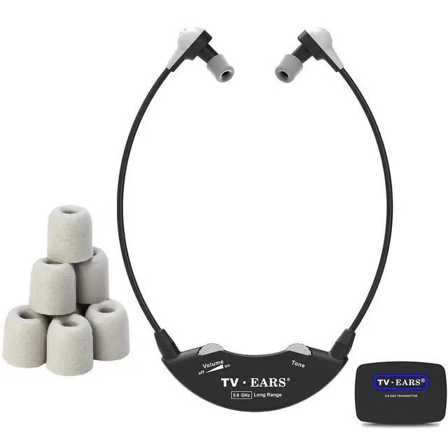 Main image of TV · EARS Long Range Digital Wireless Headset System & Earbud Tips - 5.8 GHz RF Transmitter Headsets for TV, Ideal for Seniors & with Hearing Difficulties, Compatible with All TV Brands (1 Pair)
