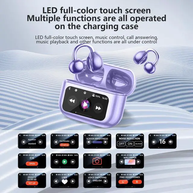 Alt view image 2 of 5 - Open Ear Clip On Earbuds Intelligent Touch Color Screen Open Ear Wireless Bluetooth 5.4 Headphones Lightweight Comfort Sport Earbuds Built-in Mic IPX7 Waterproof Earphones for Running Fitness (Purple)