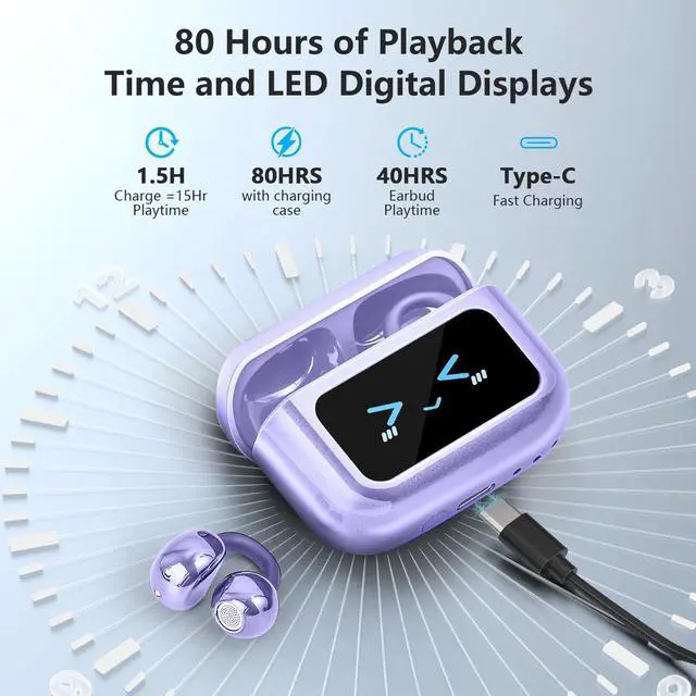 Alt view image 3 of 5 - Open Ear Clip On Earbuds Intelligent Touch Color Screen Open Ear Wireless Bluetooth 5.4 Headphones Lightweight Comfort Sport Earbuds Built-in Mic IPX7 Waterproof Earphones for Running Fitness (Purple)