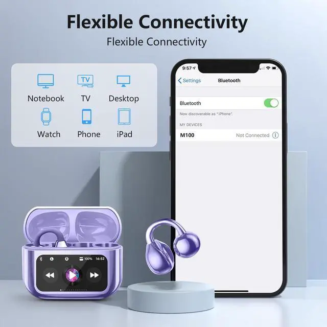 Alt view image 4 of 5 - Open Ear Clip On Earbuds Intelligent Touch Color Screen Open Ear Wireless Bluetooth 5.4 Headphones Lightweight Comfort Sport Earbuds Built-in Mic IPX7 Waterproof Earphones for Running Fitness (Purple)