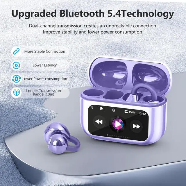Alt view image 5 of 5 - Open Ear Clip On Earbuds Intelligent Touch Color Screen Open Ear Wireless Bluetooth 5.4 Headphones Lightweight Comfort Sport Earbuds Built-in Mic IPX7 Waterproof Earphones for Running Fitness (Purple)