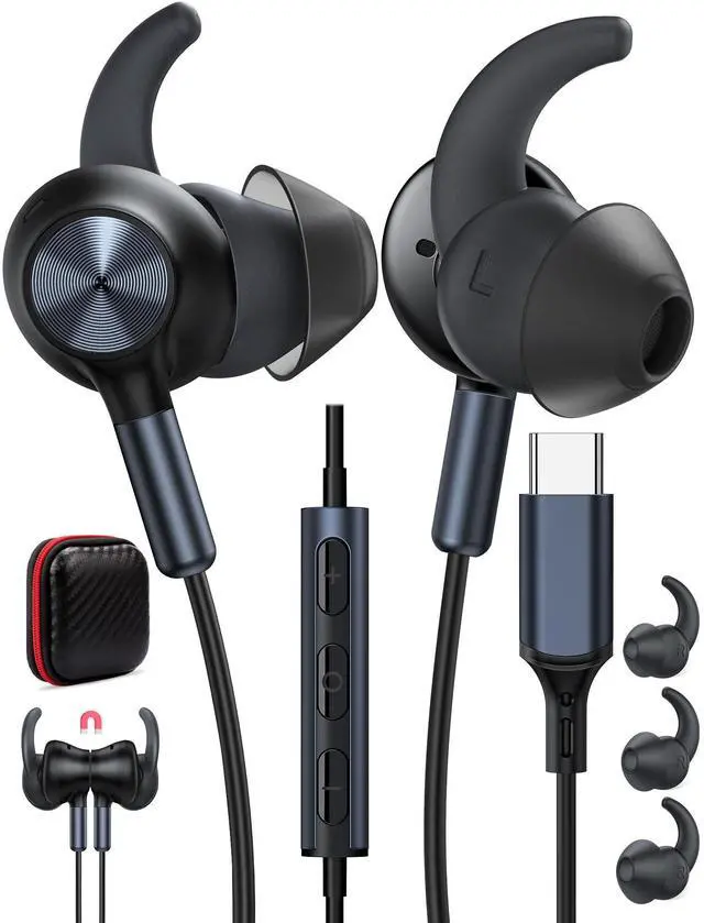 Main image of Wired Earbuds USB Type C Headphone Anti-Loose Wingtip Noise Canceling In-Ear Earphone with Mic for iPhone 16e 16 Pro 15 Plus School Corded Headset for iPad Samsung A16 S25 Edge S24 Google Pixel 9a 9 8