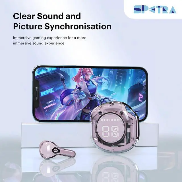 Alt view image 3 of 5 - SPETRA Crystal Earbuds (Pastel Pink) - Dive into a World of Color and Sound with Chic Pastel Hues & Transparent LED Display Case - Premium Wireless Audio Experience