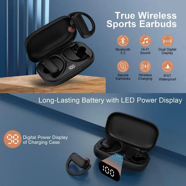 Alt view image 3 of 5 - Wireless Headphones Bluetooth Earbuds 80hrs Play Back Wireless Charging Ear Buds LED Sport Earphones Workout Headset Running Bass IPX7 Waterproof Over-Ear for TV, iPhone,Samsung Galaxy,Google Pixel