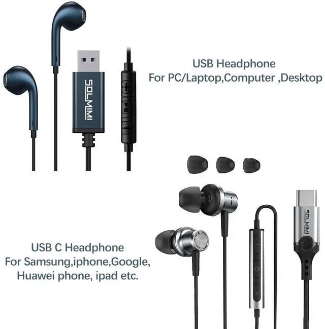 Alt view image 2 of 5 - SOLMIMI USB A Headphone with Mic for PC, USB C Headphone Wired Noise Cancelling