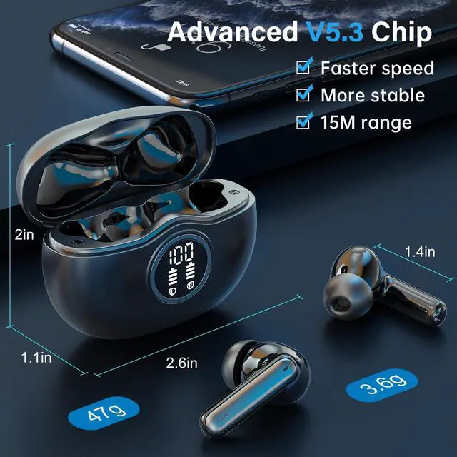 Alt view image 4 of 5 - Sisism A10 Pro Wireless Earbuds, Bluetooth 5.3 Headphones HiFi Stereo 50H Playback LED Digital Display Ear Buds with ENC Noise Canceling Headset, IPX7 Waterproof Earphones for Gym/Running/Work - Black