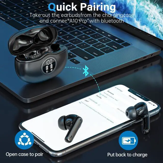 Alt view image 2 of 5 - Sisism A10 Pro Wireless Earbuds, Bluetooth 5.3 Headphones HiFi Stereo 50H Playback LED Digital Display Ear Buds with ENC Noise Canceling Headset, IPX7 Waterproof Earphones for Gym/Running/Work - Black