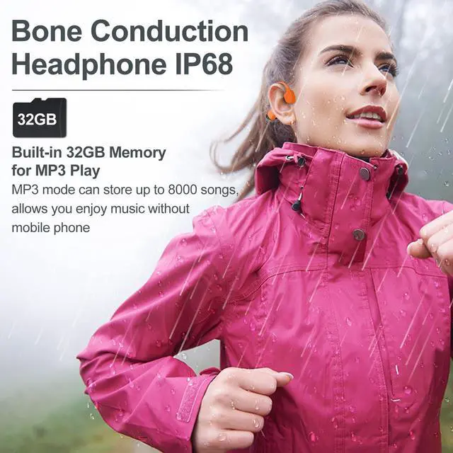 Alt view image 4 of 5 - SilisoundTek Bone Conduction Headphones Swimming,Waterproof IP68,Bluetooth 5.4, Built-in 32GB TF Swimming Headphones Underwater Music Player, Open Ear Bluetooth Earbuds (Orange)