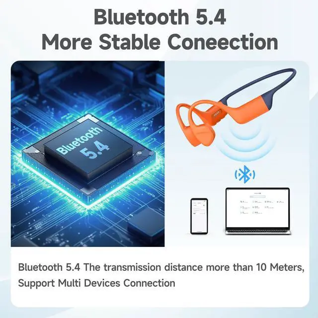 Alt view image 5 of 5 - SilisoundTek Bone Conduction Headphones Swimming,Waterproof IP68,Bluetooth 5.4, Built-in 32GB TF Swimming Headphones Underwater Music Player, Open Ear Bluetooth Earbuds (Orange)